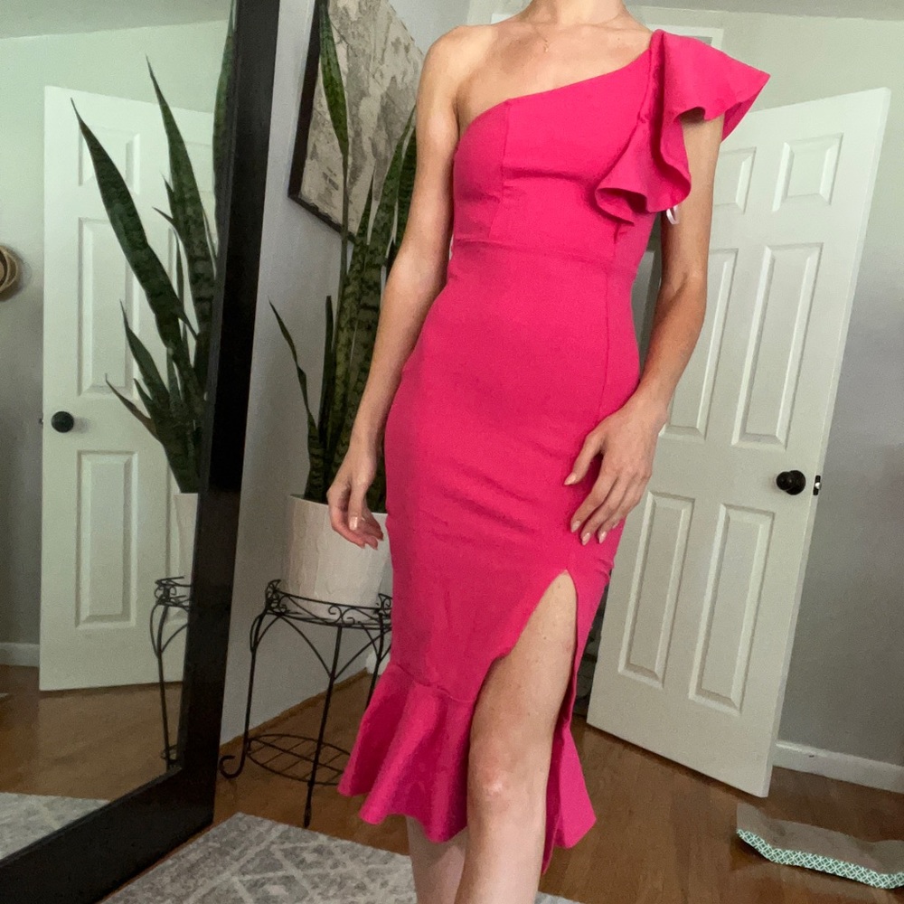 Hot pink, one shouldered, ruffle dress